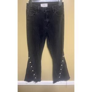 Rachel Roy black Dolly mid-rise cropped snap frayed flare-leg jeans